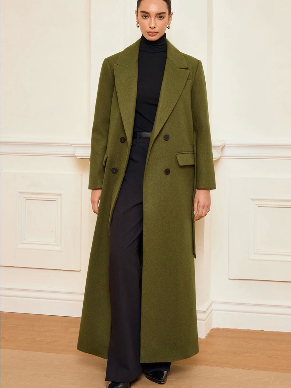 Commense Double-Breasted Belted Long Coat XL